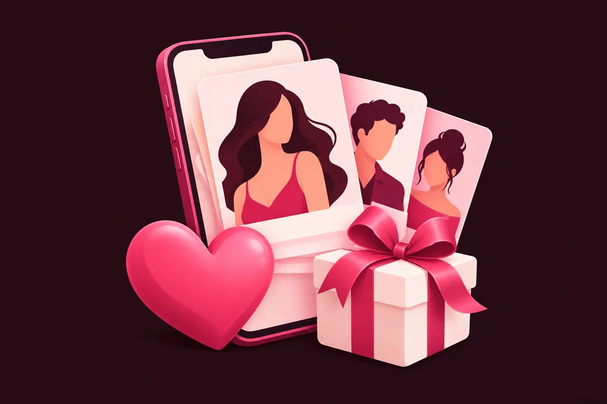 Un smartphone avec des cartes de profils et un cadeau